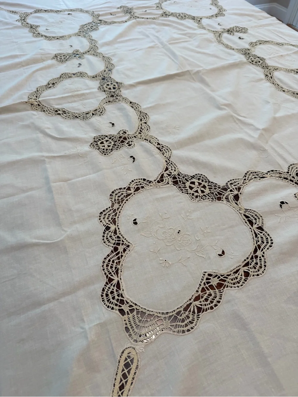 Vintage cotton linen cutwork battenburg lace formal tablecloth 84”x66” Victorian